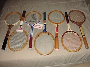 7 VINTAGE WOOD TENNIS RACKETS - ALL STRINGS INTACT - NICE FIND!  LOT IVI