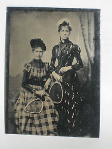 RARE ANTIQUE PHOTOGRAPH TINTYPE SISTERS WITH TENNIS RACKETS