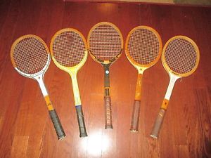 VINTAGE LOT of 5 WILSON, SLAZENGER, BANCROFT etc. wooden tennis racquets
