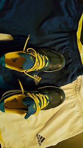 Adidas Adizero Feather 2 Tennis shoe,blue + yellow, Size 9 +2 Medium shorts