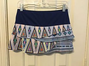 aztec white blue LUCKY IN LOVE tennis skirt skort Ruffle tier WOMENS S 4 - 6