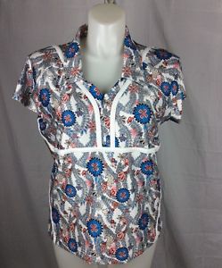 Adidas Clima Cool XL Women's Floral Polo Shirt Stretch Tennis Red White Blue