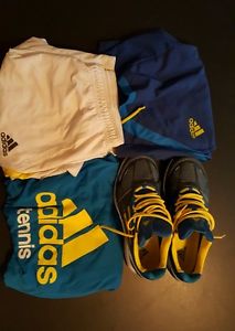 Adidas Adizero Feather 2 Tennis shoe bundle, Blu+Ylw,Size 9 +2 Med short + Shirt