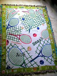 Tennis Racquets and Words 100% Cotton Woven Afghan Throw Blanket Washable Last 1