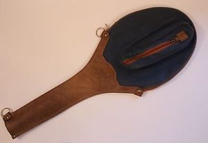 FRED PERRY Vintage TENNIS RACQUET COVER / Leather with Denim Blue Canvas