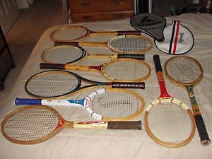 9 VINTAGE WOOD TENNIS RACKETS - ALL IN GOOD CONDITION w/STRINGS INTACT - LOT IXS