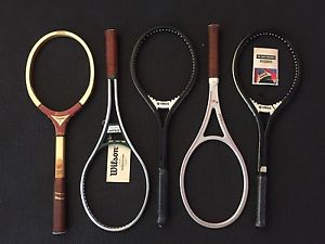 5 Vintage Tennis Racquets (Never Strung, 1 Wooden Frame)