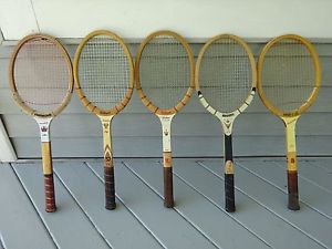 5 Vintage Wood Tennis Rackets, Kramer, Budge, Laver, Lee