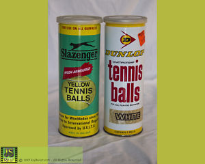 TWO VINTAGE SEALED CANS OF TENNIS BALLS: DUNLOP (WHTE) / SLAZENGER (YELLOW), NOS