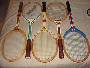 5 VINTAGE WOOD TENNIS RACKETS - ALL IN GOOD CONDITION w/STRINGS INTACT - LOT IYT