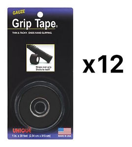 Unique Tennis Racquet Over Grip Gauze Tape-Black-1" by 30 Ft-Badminton (12-Pack)