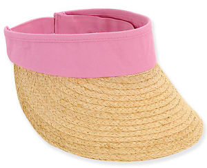 SUN N SAND ADJUSTABLE VISOR RAFFIA w COTTON TRIM BEACH GOLF TENNIS HAT PINK