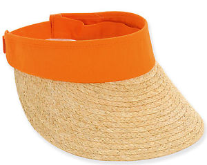 SUN N SAND ADJUSTABLE VISOR RAFFIA w COTTON TRIM BEACH GOLF TENNIS ORANGE HAT