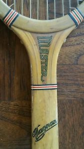 RARE VINTAGE ANTIQUE N.J. MAGNAN MASTER  WOODEN TENNIS RACKET. INTACT DECALS