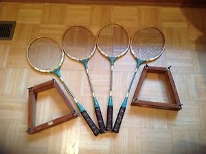 4 Vintage Badminton Hyspede Racquets and 2 Double Presses Cabin Decor