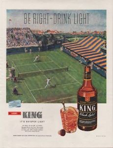 1945 KING BLACK LABEL WHISKEY TENNIS SPORT BOTTLE AD