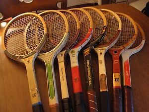 8 VINTAGE WOOD TENNIS RACKETS - GOOD CONDITION FOR AGE - STRINGS INTACT - I95