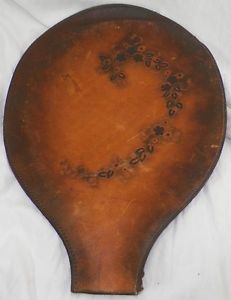 VINTAGE HAND TOOLED LEATHER TENNIS RACQUET COVER WITH BRASS ZIPPER