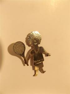 TENNIS PLAYER PERSON KID BOY GIRL RACQUET BALL STERLING SILVER PIN LARGER 2"