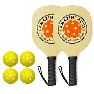 Pickleball Paddle Bundle Fun Game Set With Two Wood Paddles And Four Balls New