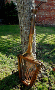 ANTIQUE FISH TAIL WOOD TENNIS RACKET BY: ALEX WATSON  WITH VINTAGE PRESS