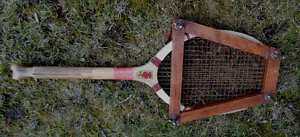 ANTIQUE VINTAGE ENGLISH FISH-TAIL WOOD TENNIS RACKET 1920's rare IMP model