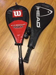 2 Squash rackets.  Wilson and Head + 3 yellow dot squash balls