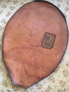 VINTAGE HAND TOOLED LEATHER TENNIS RACQUET COVER WITH BRASS ZIPPER