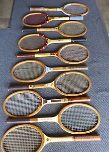 LOT OF 10 VINTAGE WOOD TENNIS RACKETS CONNORS AUTOGRAPH BUDGE WILSON SPALDING