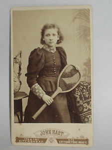 RARE ANTIQUE PHOTOGRAPH CDV GIRL WITH TENNIS RACKET BY JOHN HART NICE CONDITION