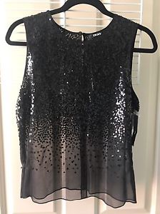 DKNY Silk Black Sequin and Chiffon Tank Top Women's Size M New With Tags