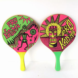 Pro Kadima Paddle Ball Neon 80s Tiki Graphics Beach Paint Wooden Smash Racquet