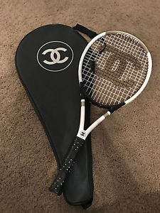 Chanel Tennis Racket White, Black & Gold With Black and Silver Flake Carry Bag