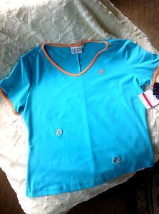NWT LILY OF BEVERLY HILLS SIZE XL S/S V-NECK TURQ POLY SPANDEX TOP W/ ORANGE TRM