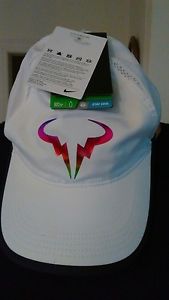 NEW Nike Rafa Iridescent FeatherLight Cap Bull Logo Dri Fit Tennis Hat White