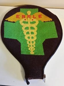 Vtg custom made hand-knitted leather tennis racguet cover & name & medical sign