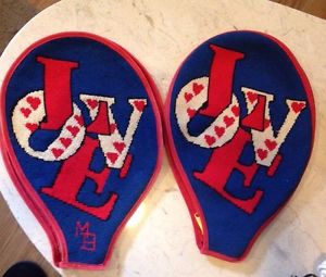 Vintage Tennis Racquet Covers Needlepoint Love design RED WHITE BLUE hearts