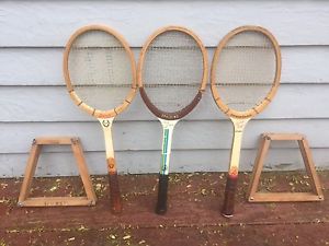 3 Vintage Tennis Rackets 2 Wood Clamp  Covers