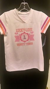 Lucky in Love Girl's L(14) V-Neck Tennis Top - White/Fuschia/Orange