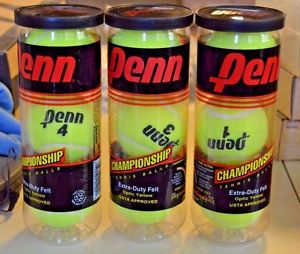 PENN CHAMPIONSHIP TENNIS BALLS, OPTIC YELLOW, 3 SEALED CANS, 3 PER CAN, #1, 3, 4