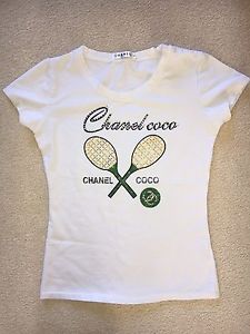 White Tennis T Shirt Tennis Rackets Rhinestones Size Medium