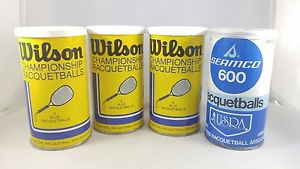 4 Vintage Wilson Championship and Seamco Racquetballs Sealed Metal Can Pull Top