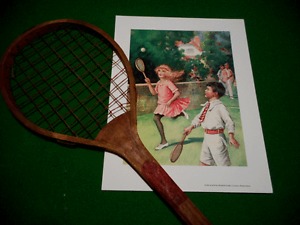 ANTIQUE CHILDS WOOD TENNIS RACKET RACQUET VINTAGE EARLY 1900 + Giclee tennis