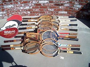 VINTAGE TENNIS RACKETS - 19 TOTAL & 4 COVERS & 3 WOODEN COVERS