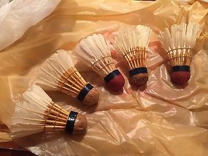 5 Vintage Badminton Birdies / Real Feathers , Rare Antique Birdies