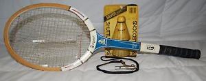 LOT OF 3 REGENT ELLEN RENWAL TENNIS RACQUET, SHUTTLECOCKS, VINTAGE METAL WHISTLE
