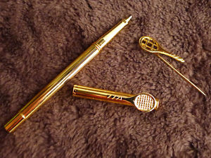 vintage new Lalex pen ball point & pin badge with miniature wilson tennis racket