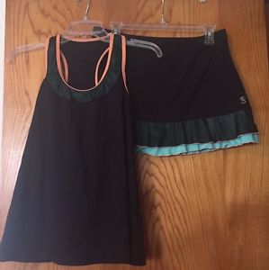 Women's Sofibella 2016 Black/Green/Peach 2 piece Tennis Outfit, XL-top, L-skort